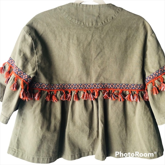 Zara Womens Size XS Denim Army Green Cropped Fringe Jacket Tassels Boho Boxy Fit - Picture 7 of 9